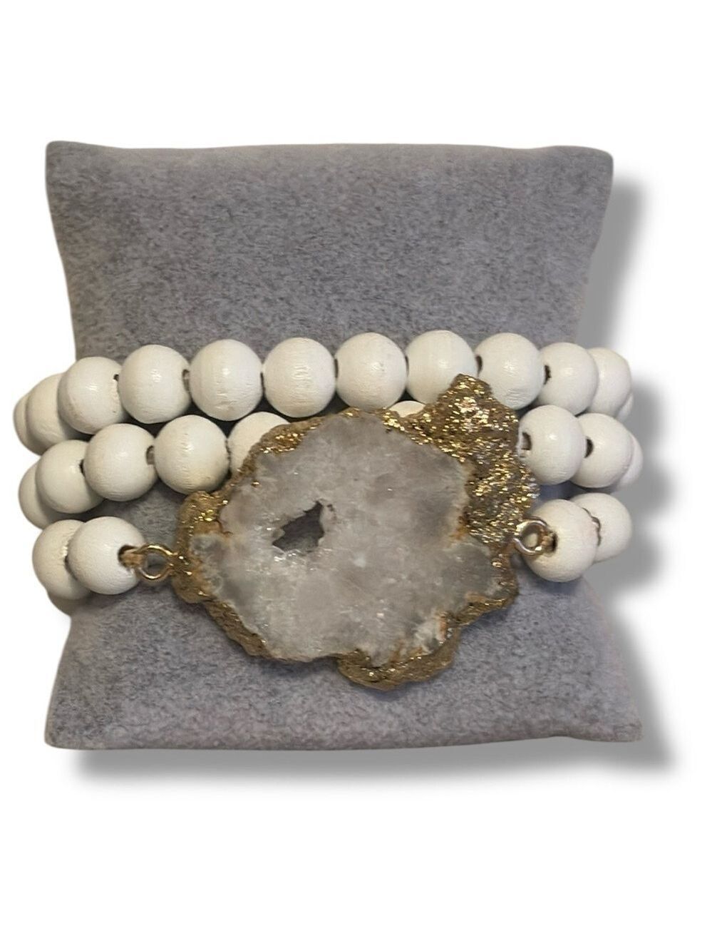 Boho Stretch Bracelet Set Wood Beads Sliced Semi Precious Stone White New